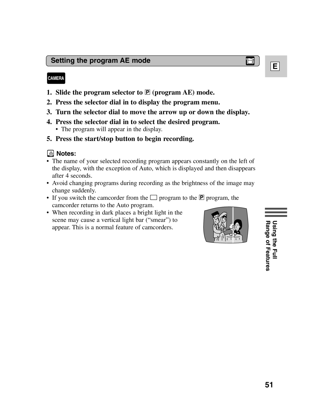 Canon ZR20 instruction manual Setting the program AE mode, Press the start/stop button to begin recording 