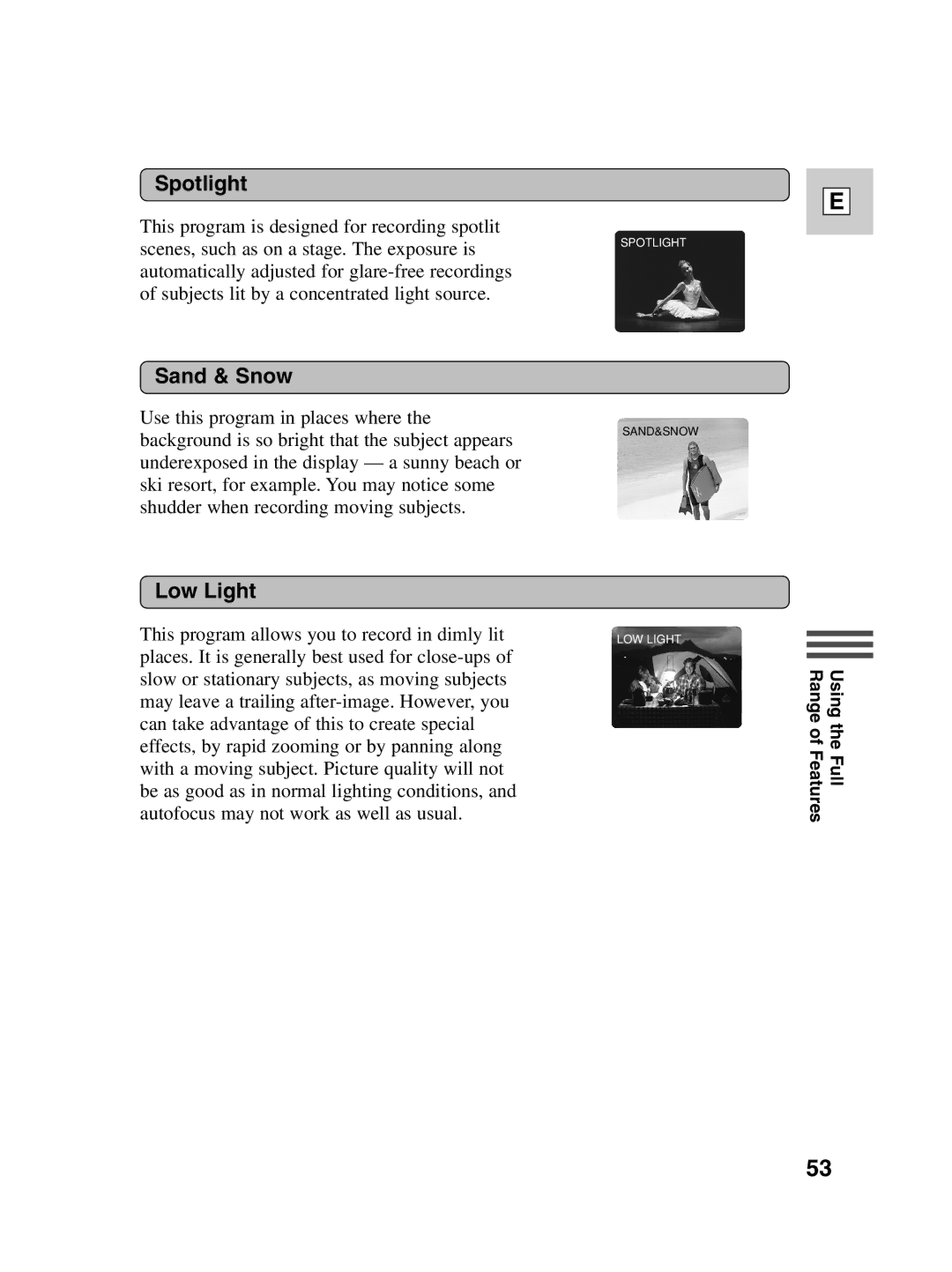 Canon ZR20 instruction manual Spotlight, Sand & Snow, Low Light 