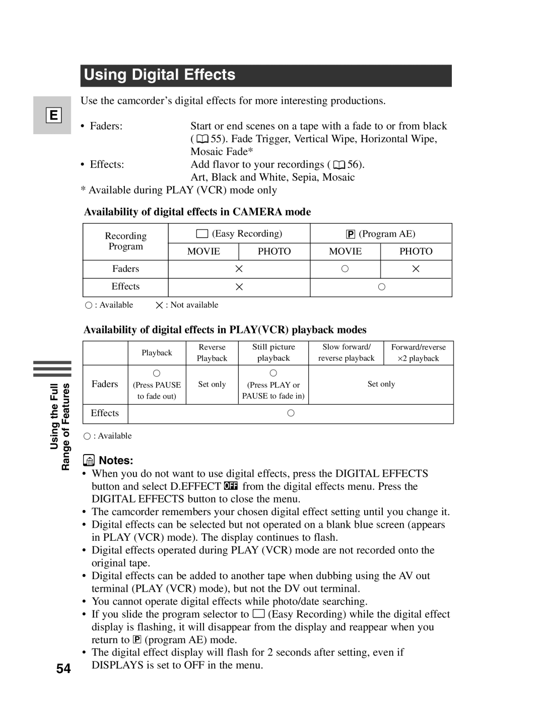 Canon ZR20 instruction manual Using Digital Effects, Availability of digital effects in Camera mode 