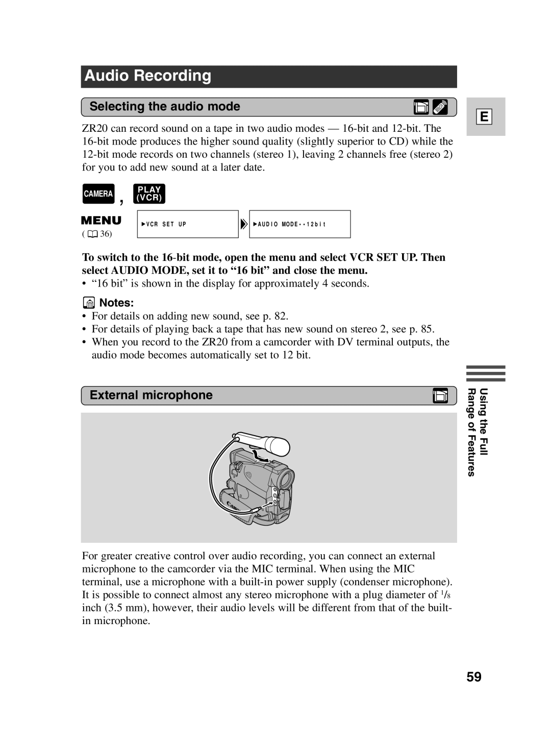 Canon ZR20 instruction manual Audio Recording, Selecting the audio mode, External microphone 