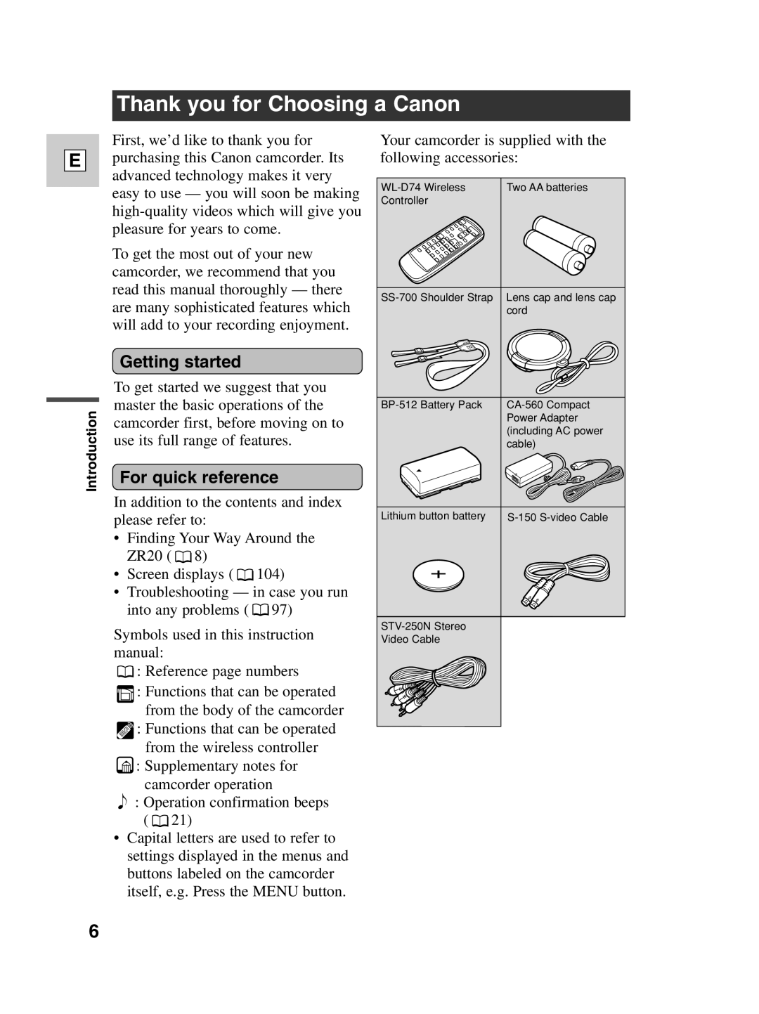 Canon ZR20 instruction manual Thank you for Choosing a Canon, Getting started, For quick reference 