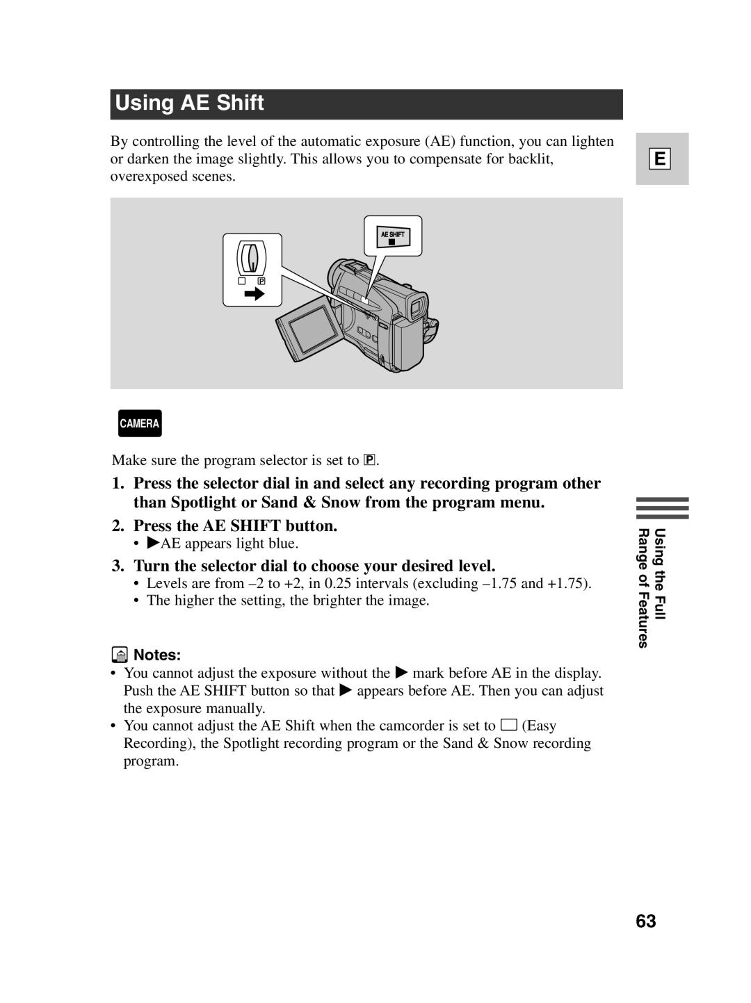 Canon ZR20 instruction manual Using AE Shift, Turn the selector dial to choose your desired level 