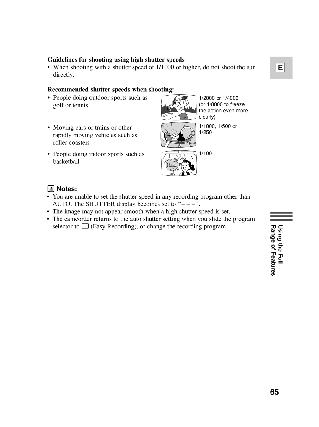 Canon ZR20 instruction manual Guidelines for shooting using high shutter speeds, Recommended shutter speeds when shooting 