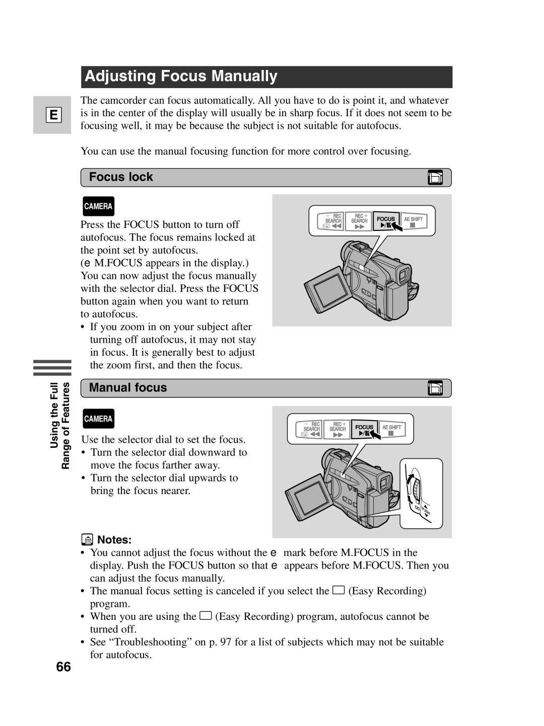 Canon ZR20 instruction manual Adjusting Focus Manually, Focus lock, Manual focus 