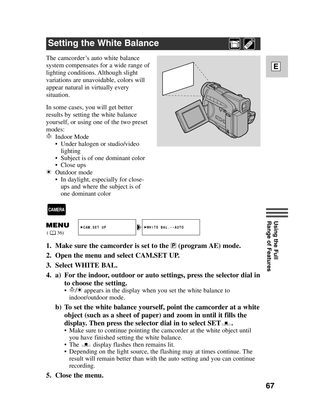 Canon ZR20 instruction manual Setting the White Balance, Close the menu 