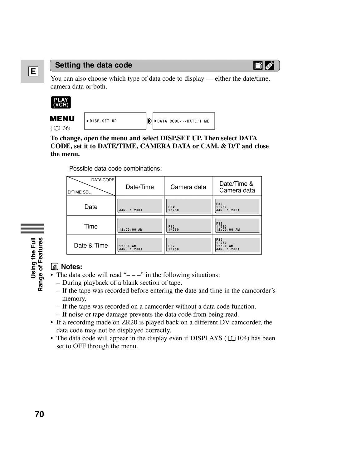 Canon ZR20 instruction manual Setting the data code, Date/Time Camera data 