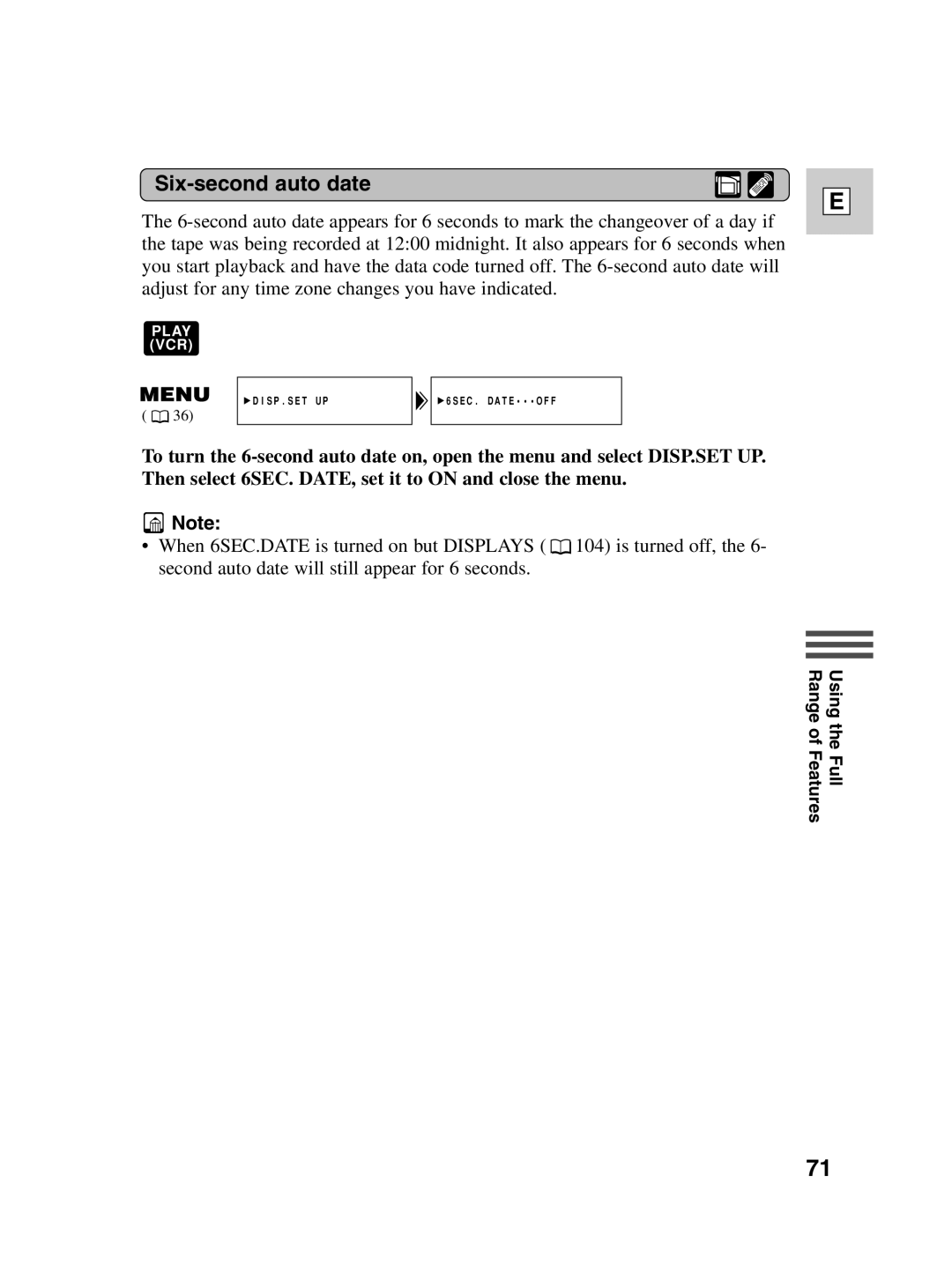 Canon ZR20 instruction manual Six-second auto date 