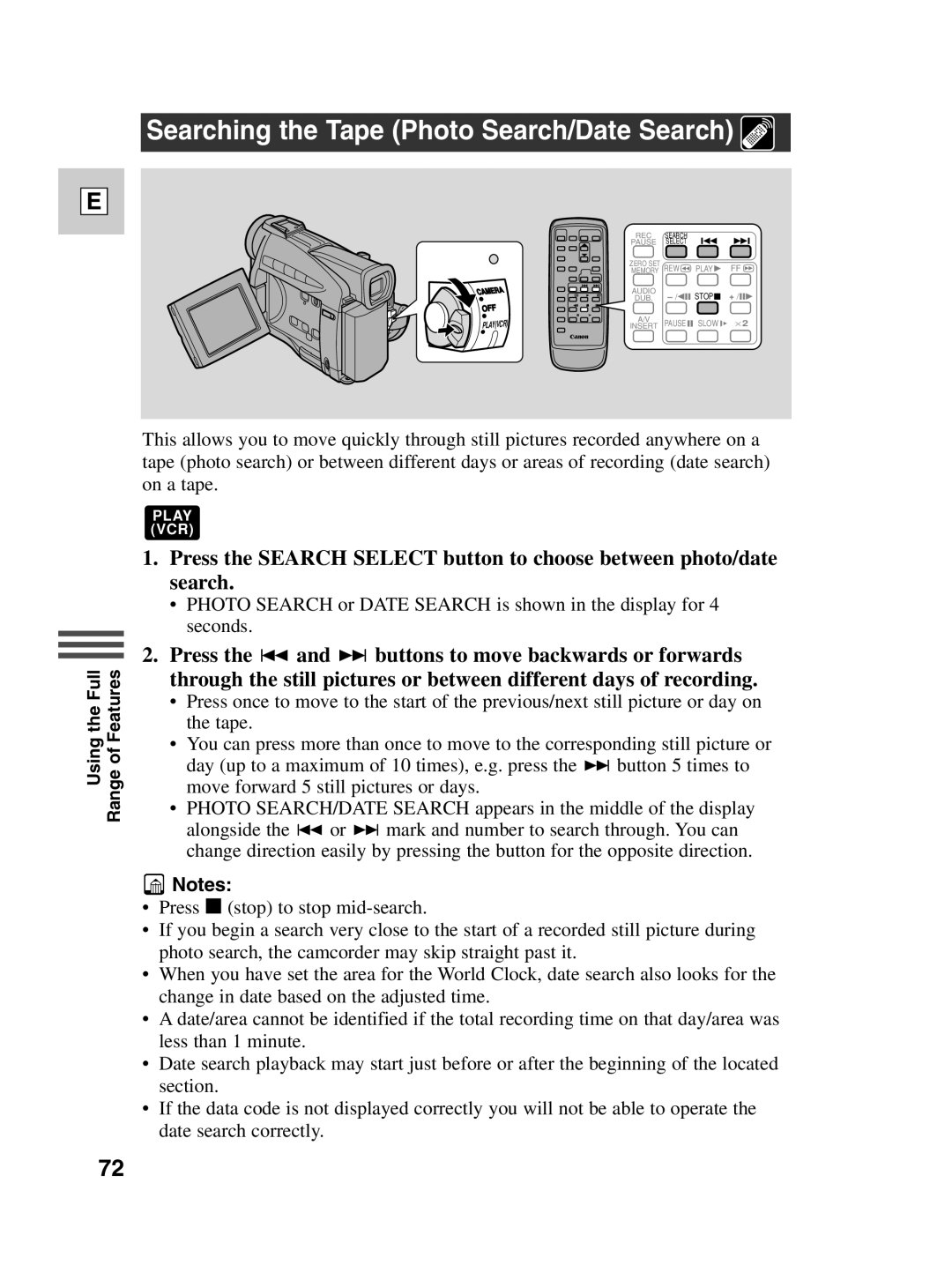 Canon ZR20 instruction manual Searching the Tape Photo Search/Date Search 