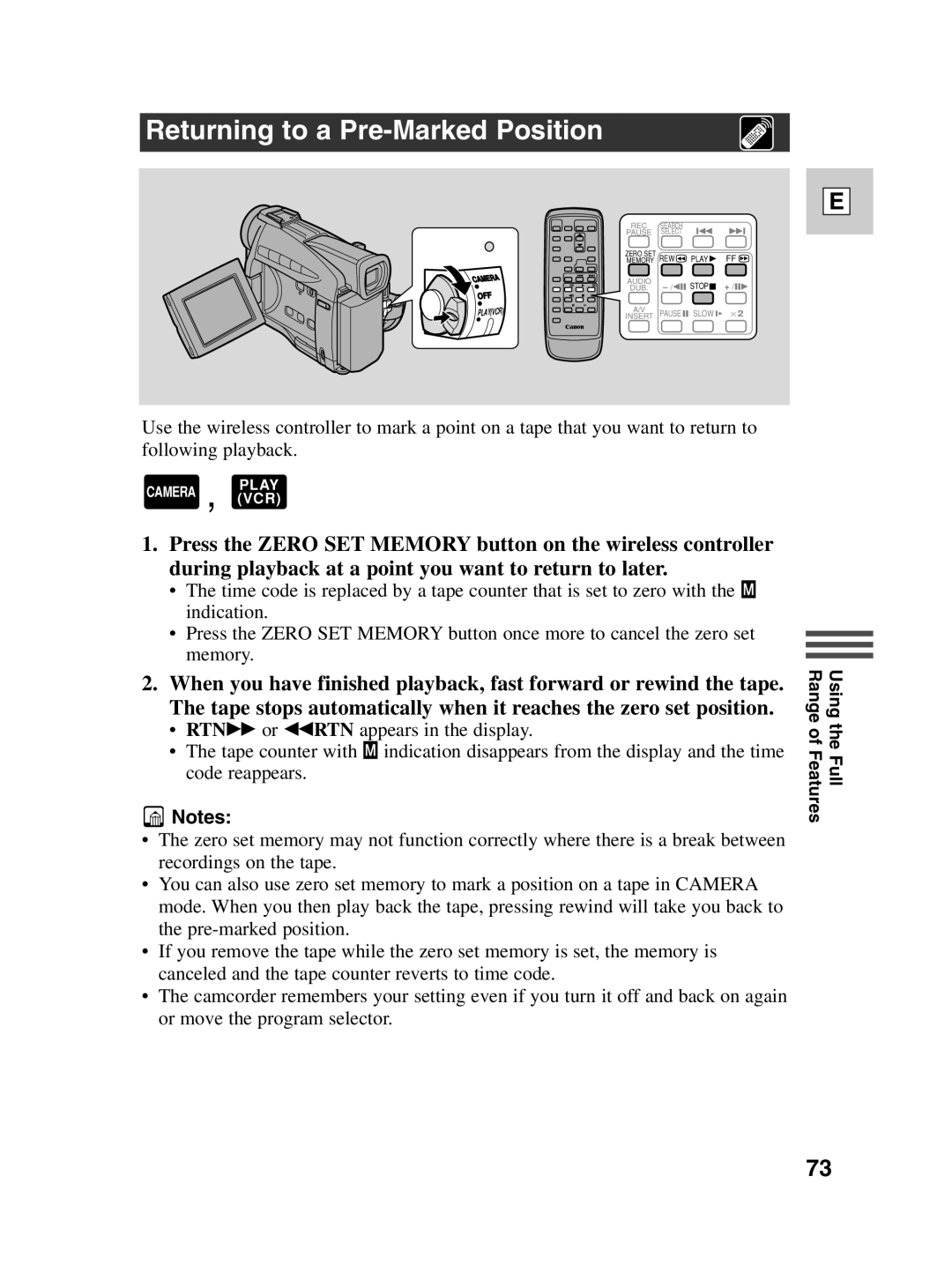 Canon ZR20 instruction manual Returning to a Pre-Marked Position 