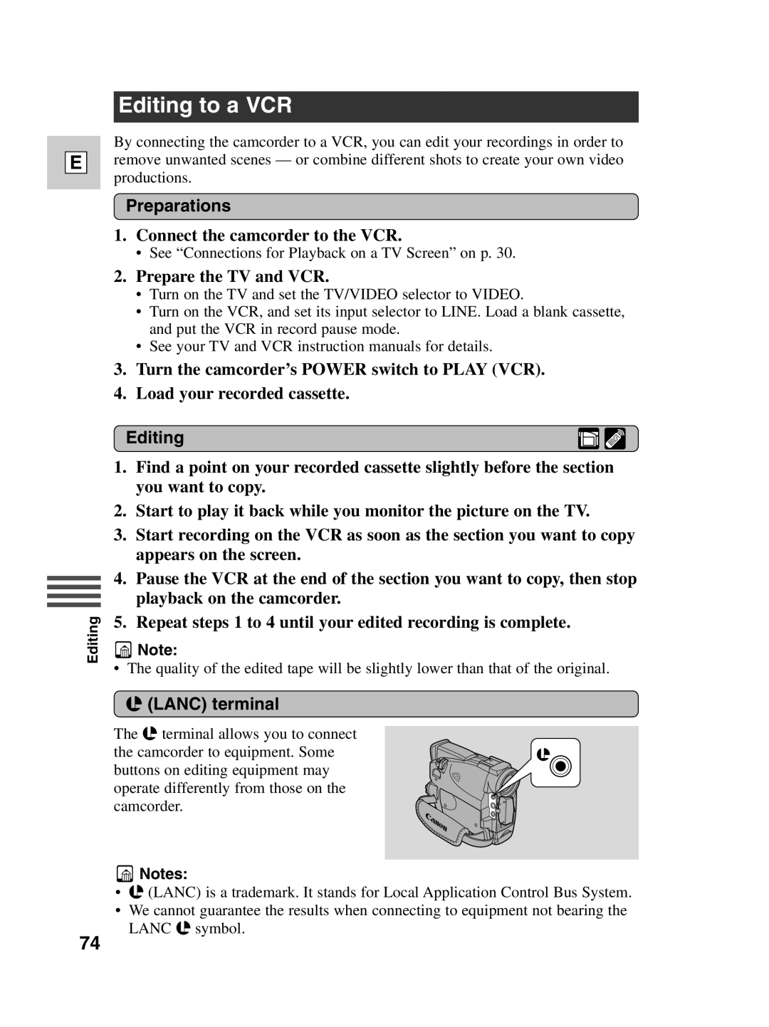 Canon ZR20 Editing to a VCR, Preparations, Connect the camcorder to the VCR, Prepare the TV and VCR, Lanc terminal 