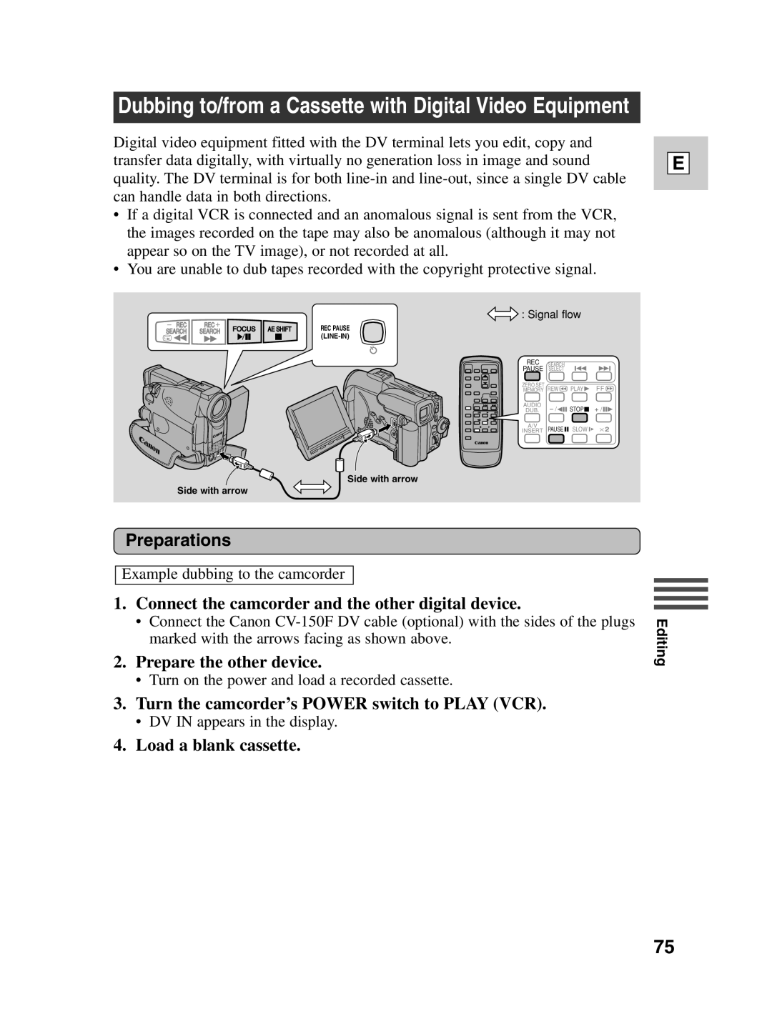 Canon ZR20 Connect the camcorder and the other digital device, Prepare the other device, Load a blank cassette 