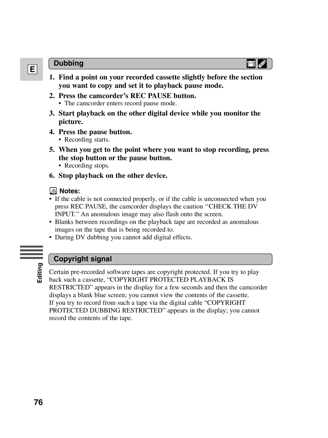 Canon ZR20 instruction manual Dubbing, Stop playback on the other device, Copyright signal 