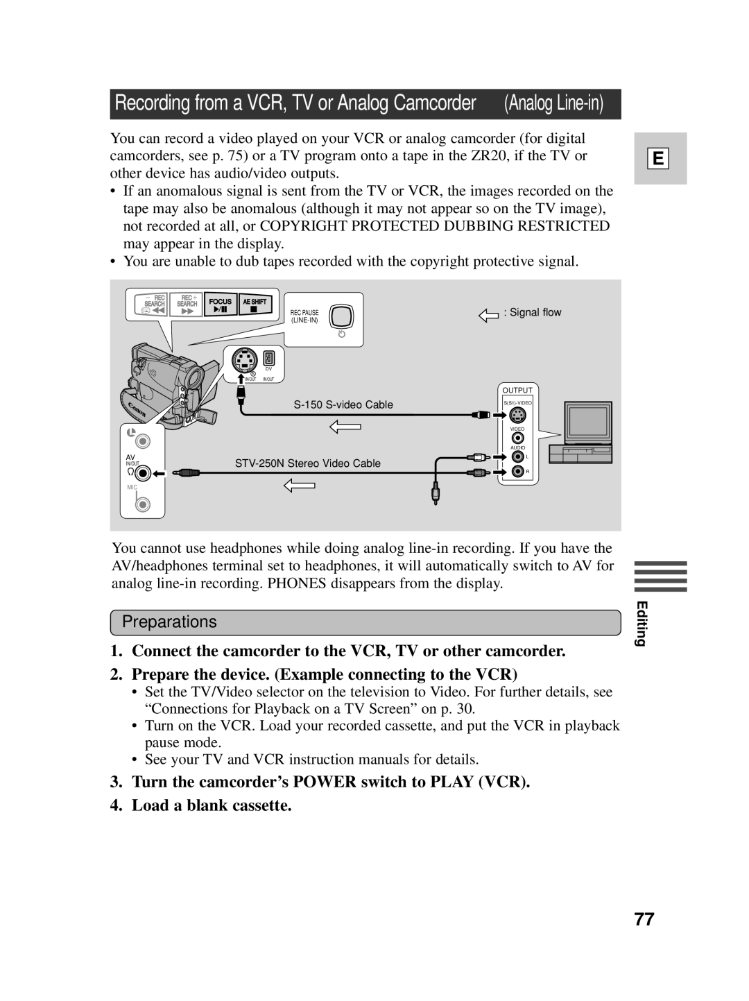 Canon ZR20 instruction manual Recording from a VCR, TV or Analog Camcorder Analog Line-in 