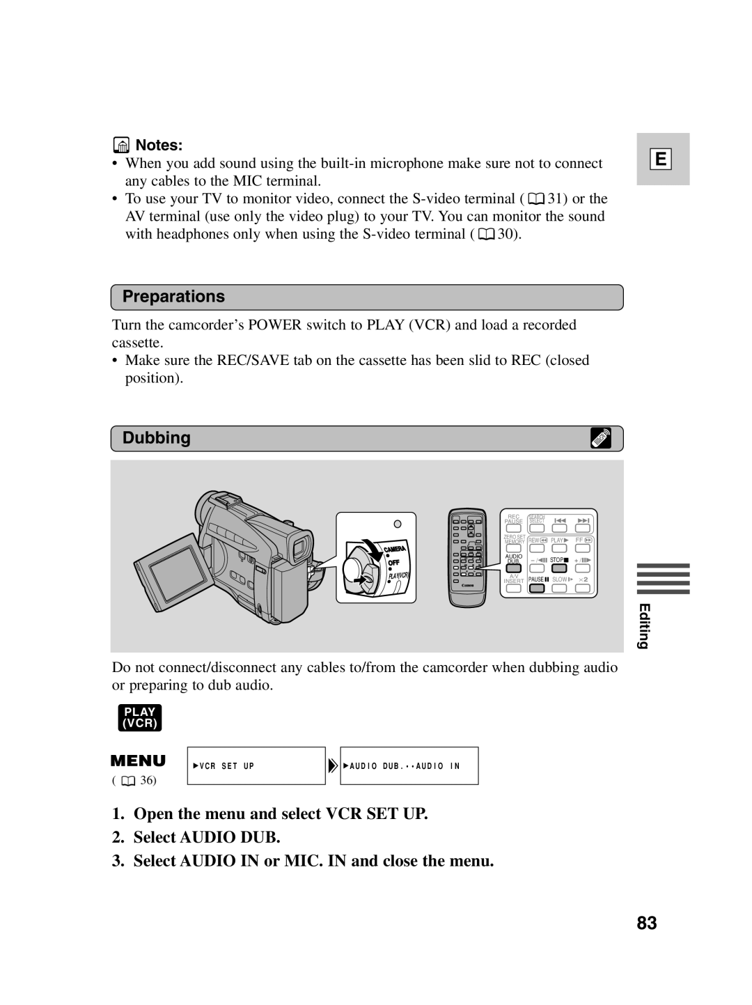 Canon ZR20 instruction manual VCR SET UP Audio DUB.AUDIO 