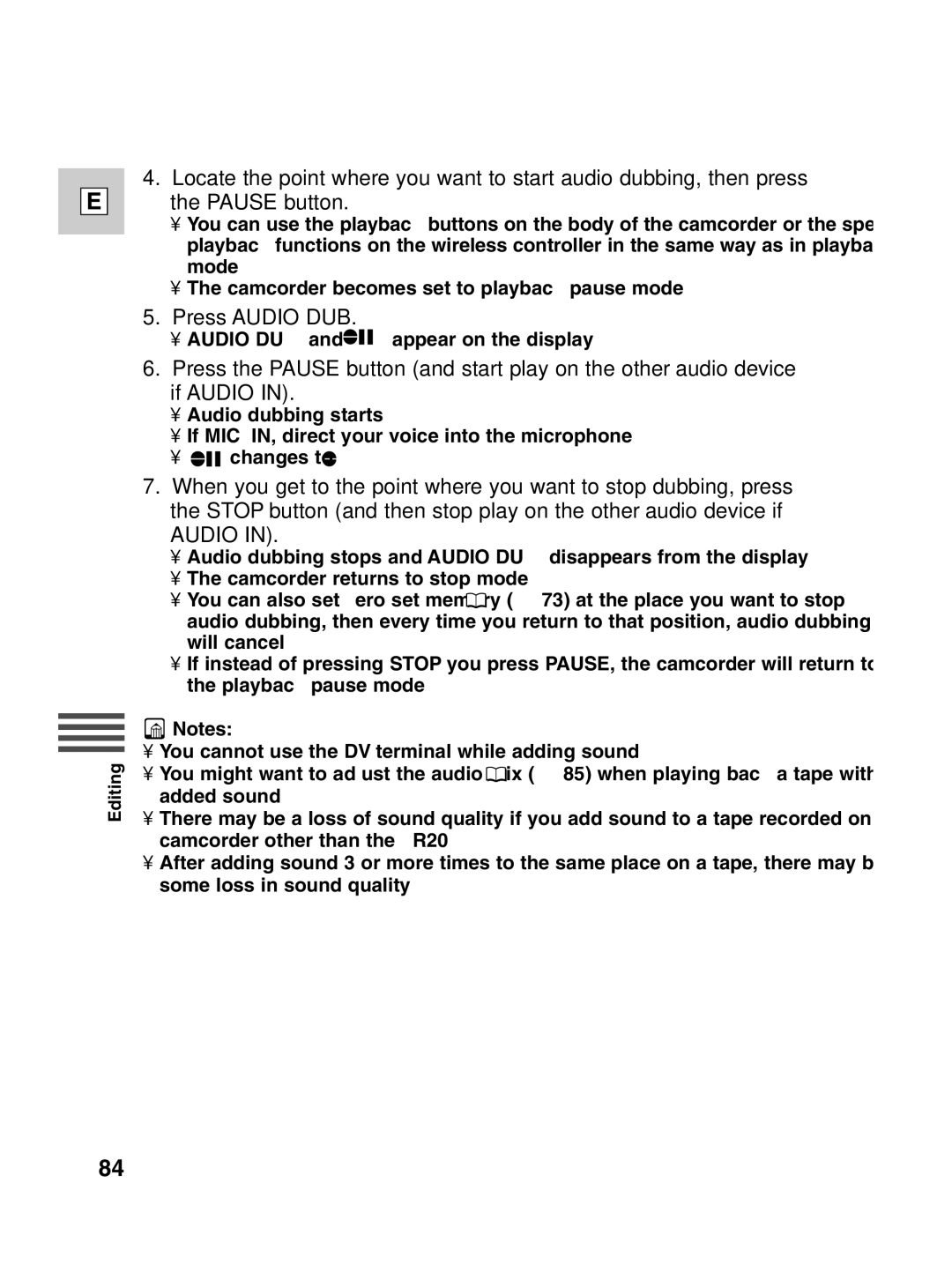 Canon ZR20 instruction manual Press Audio DUB 