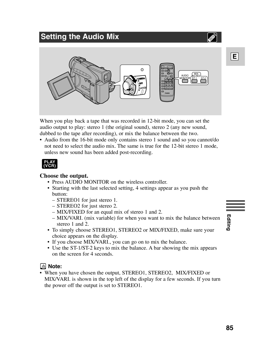 Canon ZR20 instruction manual Setting the Audio Mix, Choose the output 