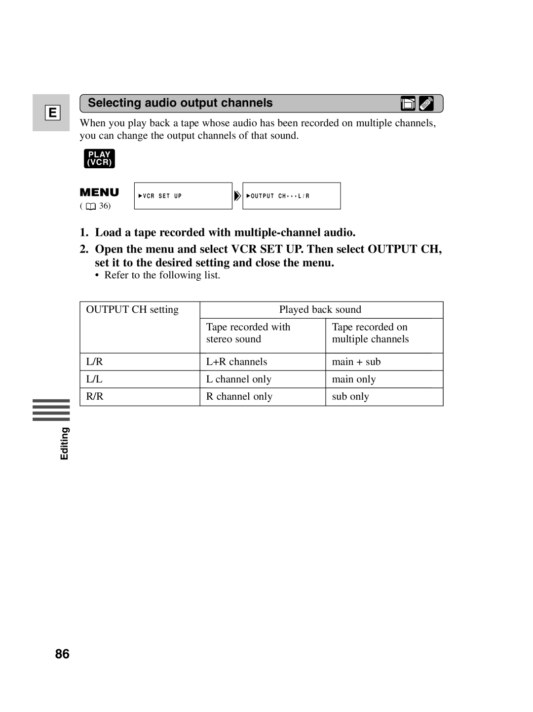 Canon ZR20 instruction manual Selecting audio output channels 