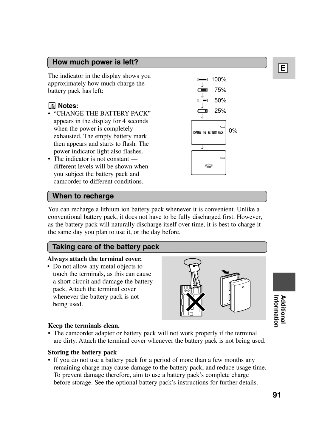 Canon ZR20 instruction manual How much power is left?, When to recharge, Taking care of the battery pack 