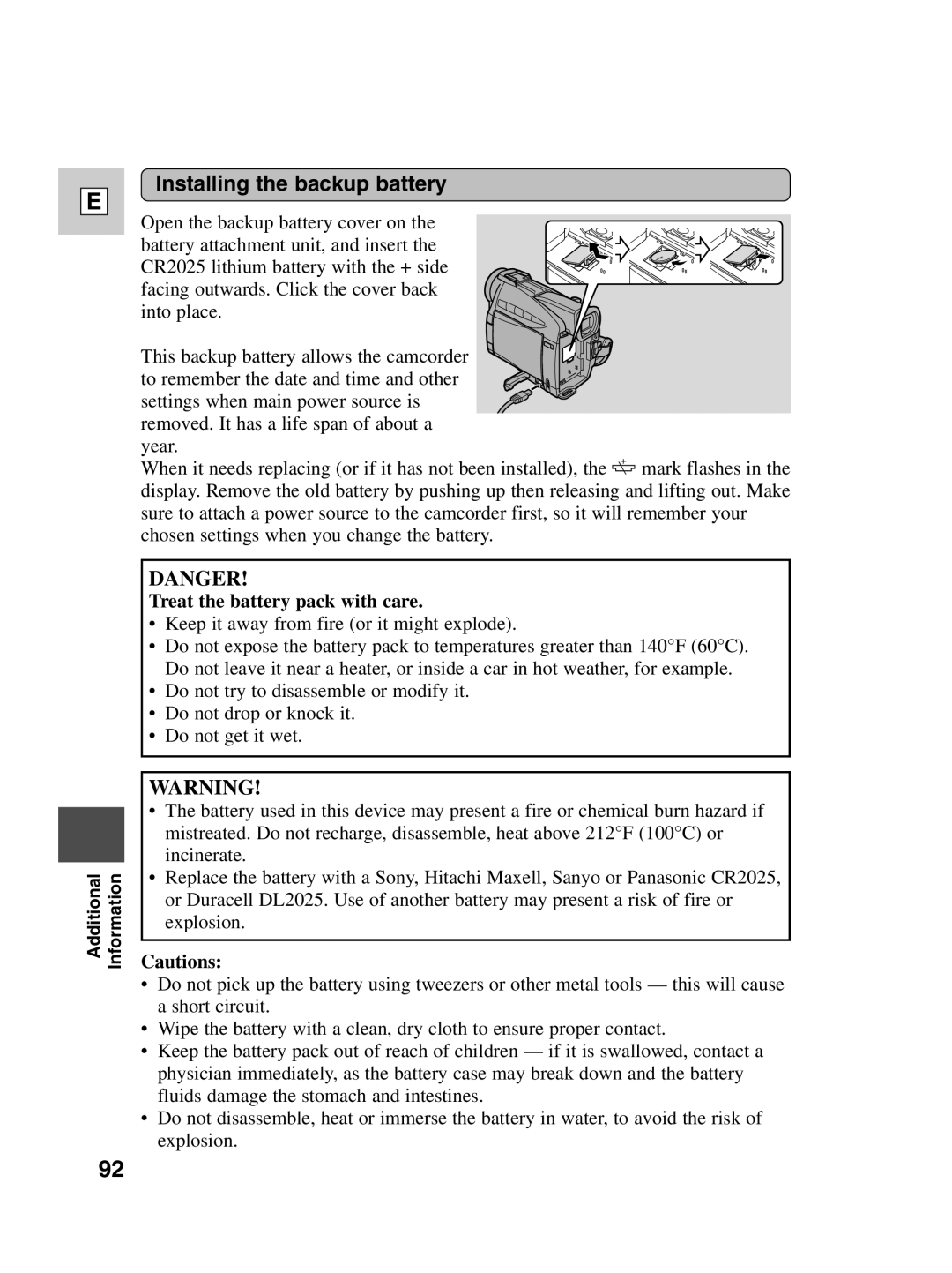 Canon ZR20 instruction manual Installing the backup battery, Treat the battery pack with care 