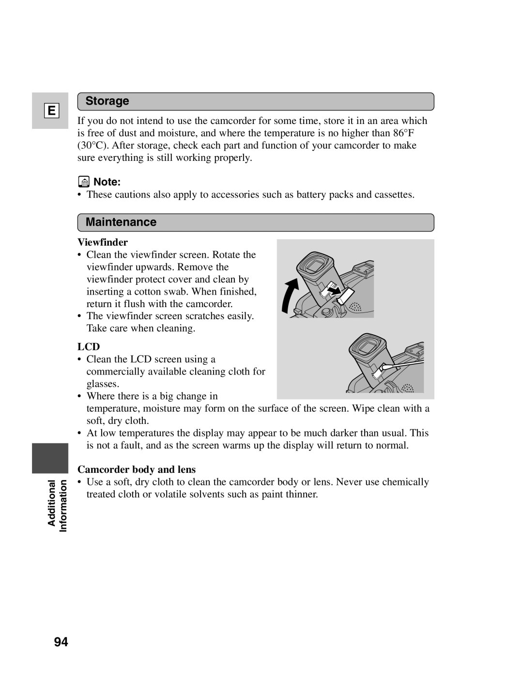 Canon ZR20 instruction manual Storage, Maintenance, Viewfinder, Camcorder body and lens 