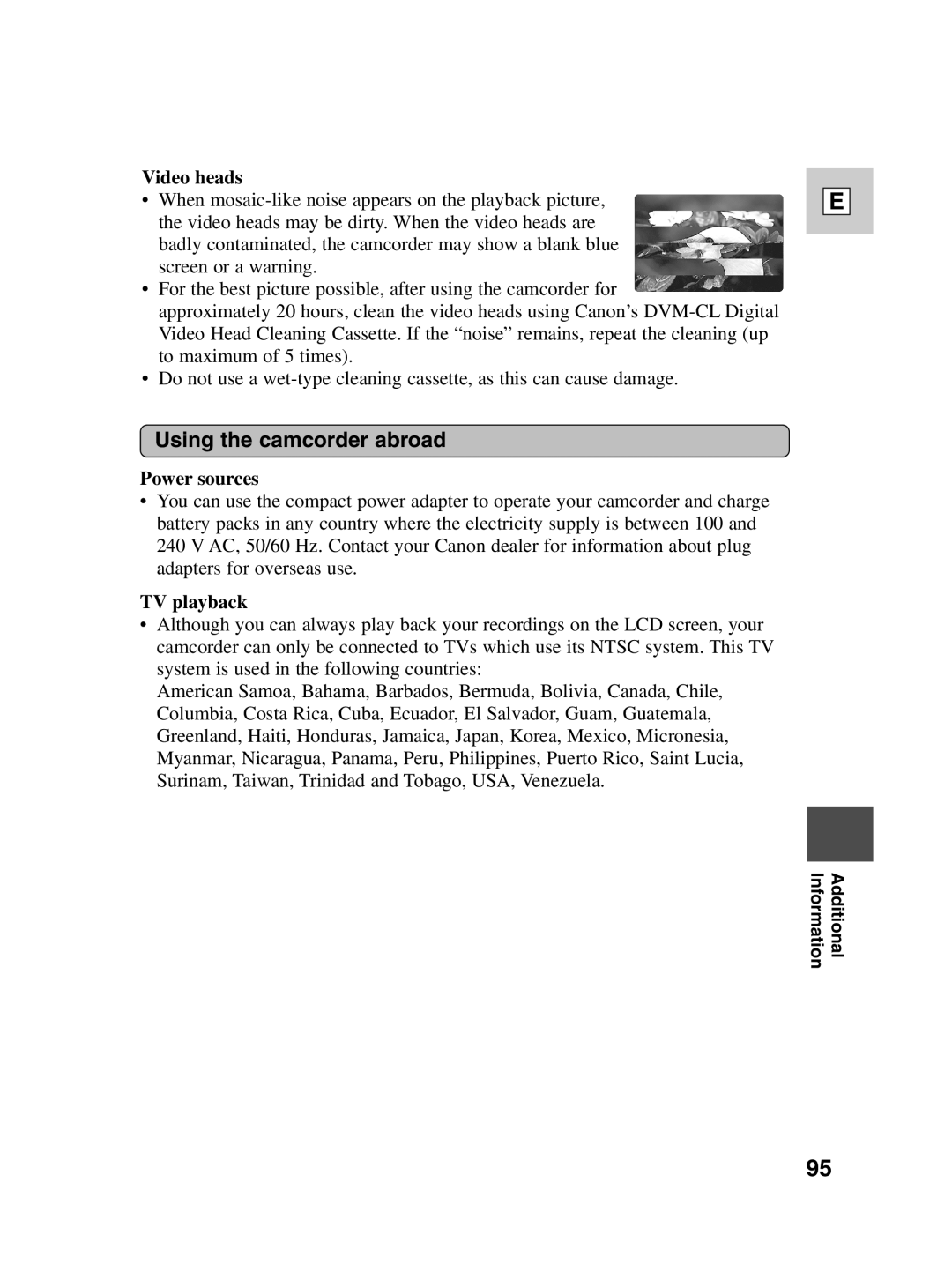 Canon ZR20 instruction manual Using the camcorder abroad, Video heads, Power sources, TV playback 