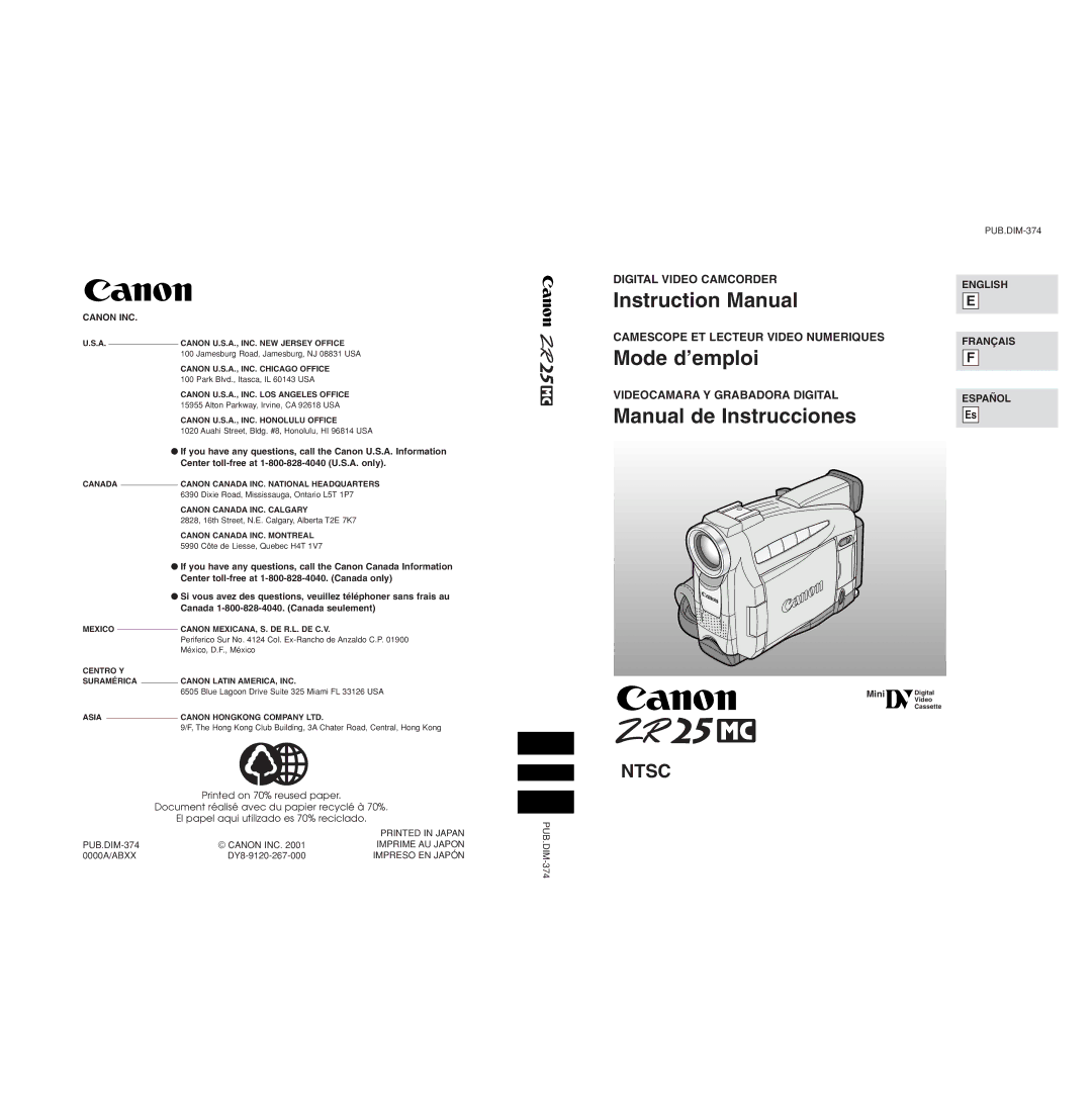 Canon ZR25 MC instruction manual Mode d’emploi 