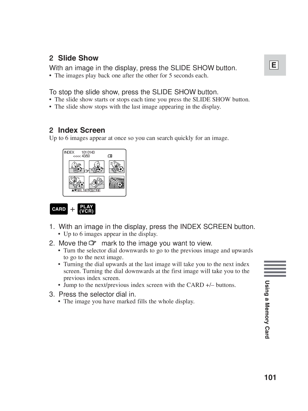 Canon ZR25 MC instruction manual Slide Show, Index Screen, 101 