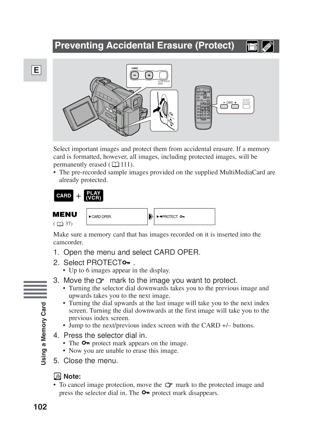 Canon ZR25 MC Preventing Accidental Erasure Protect, 102, Open the menu and select Card Oper Select Protect 