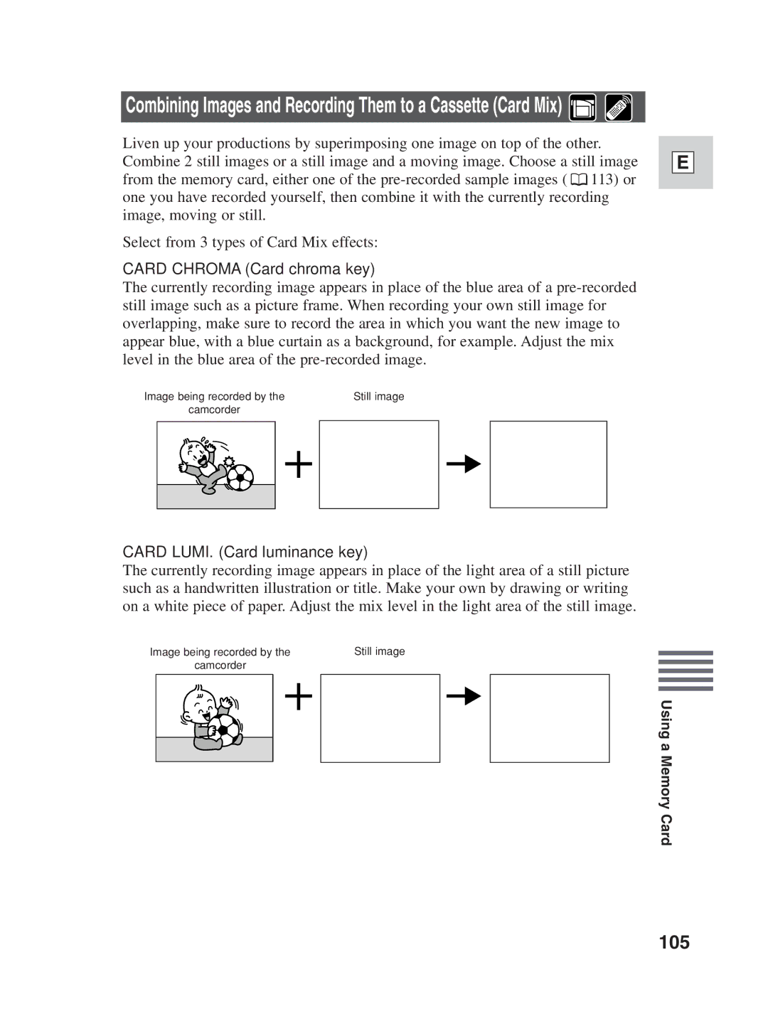 Canon ZR25 MC instruction manual 105, Card Chroma Card chroma key, Card LUMI. Card luminance key 