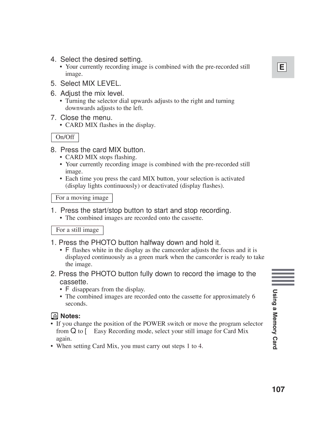 Canon ZR25 MC instruction manual 107, Select MIX Level Adjust the mix level, Press the card MIX button 