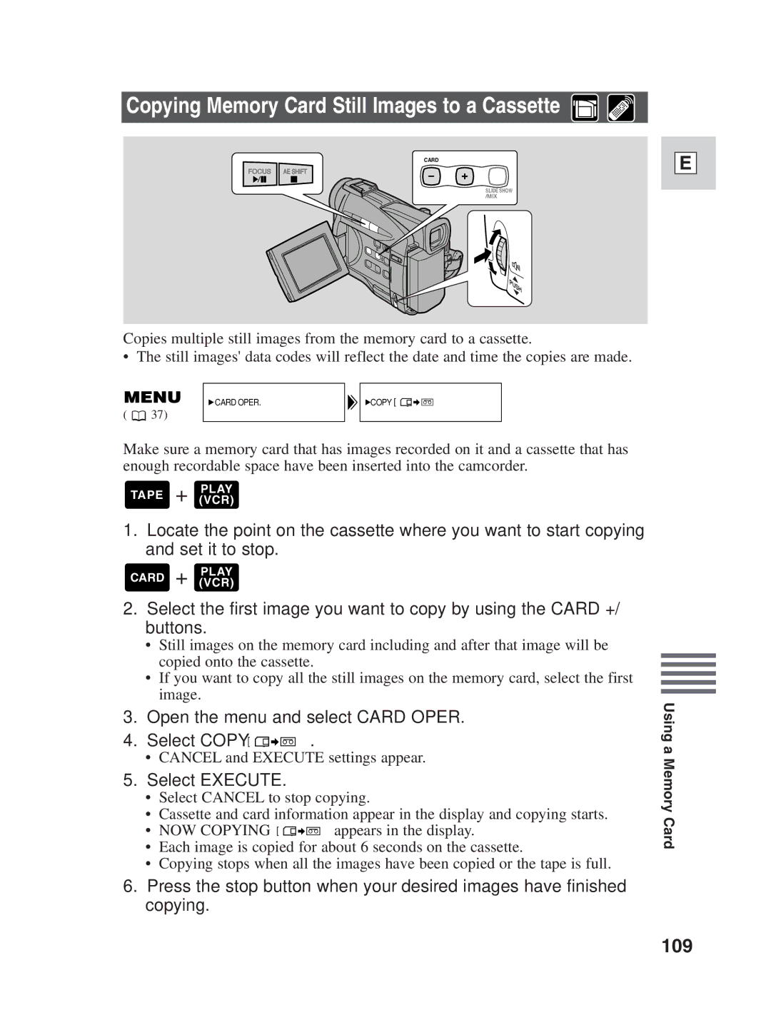 Canon ZR25 MC instruction manual Copying Memory Card Still Images to a Cassette, 109 