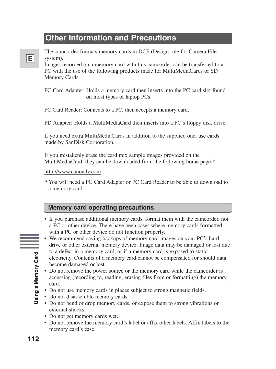 Canon ZR25 MC instruction manual Other Information and Precautions, 112, Memory card operating precautions 