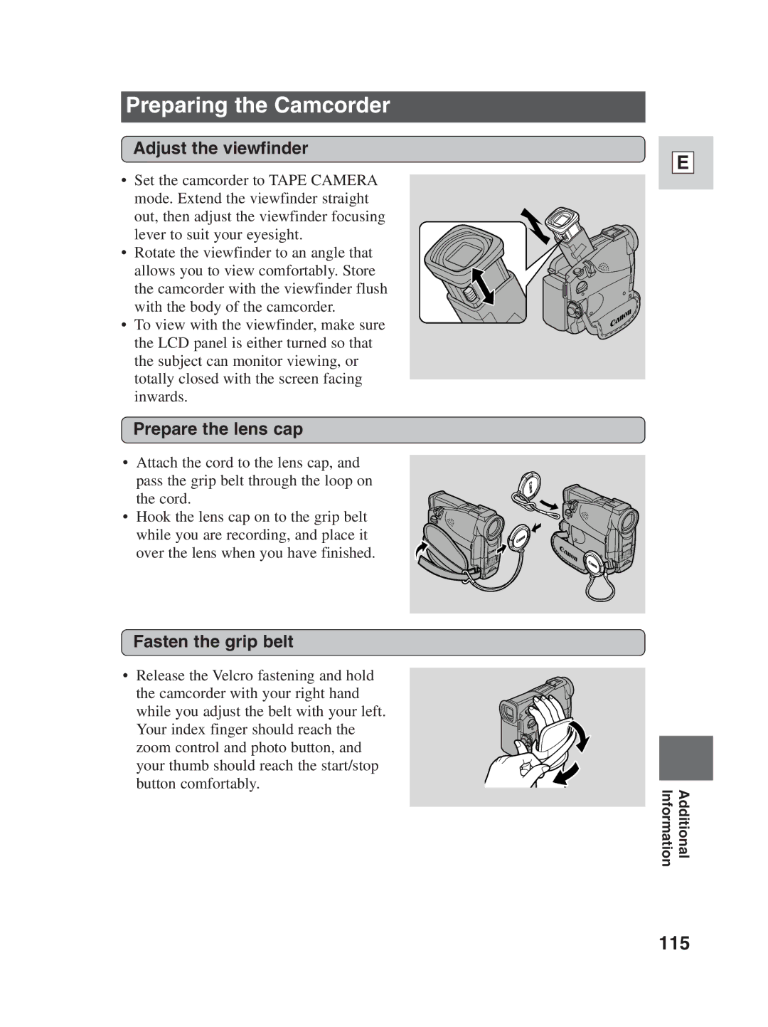 Canon ZR25 MC Preparing the Camcorder, 115, Adjust the viewfinder, Prepare the lens cap, Fasten the grip belt 