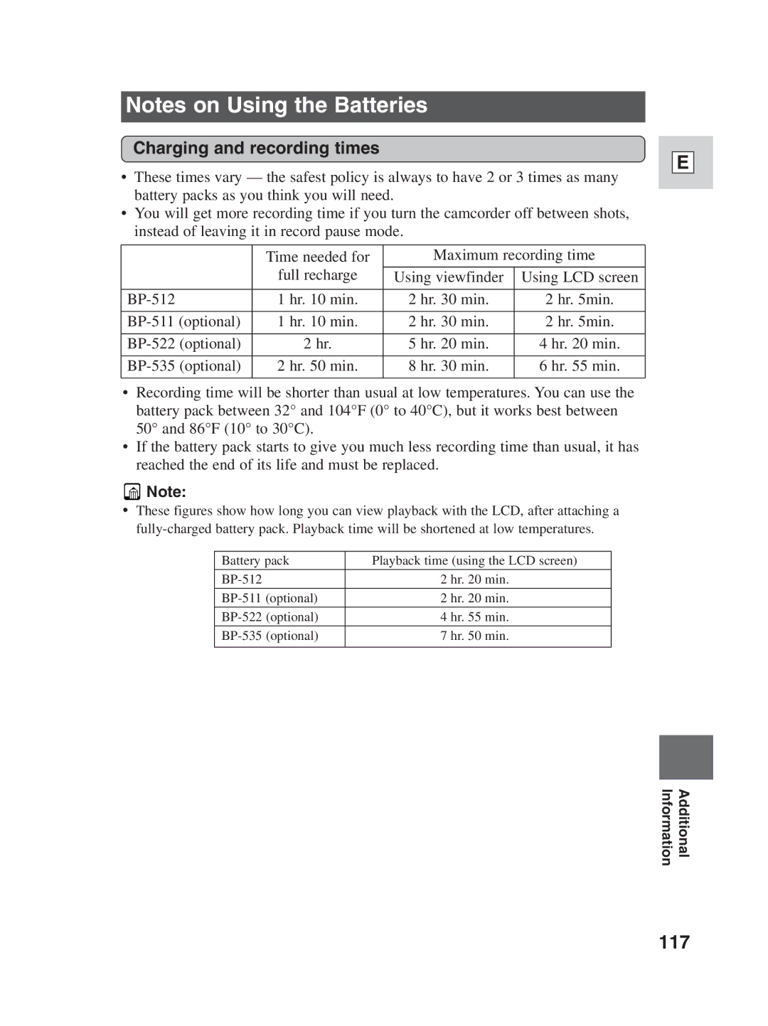 Canon ZR25 MC instruction manual 117, Charging and recording times 