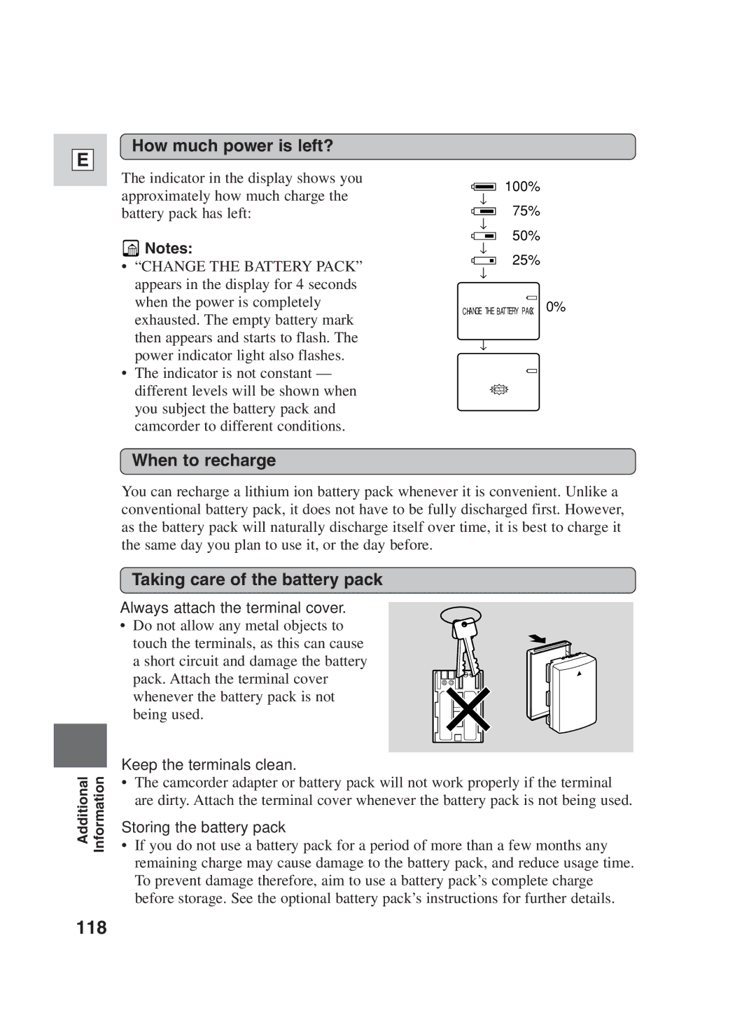 Canon ZR25 MC instruction manual 118, How much power is left?, When to recharge, Taking care of the battery pack 