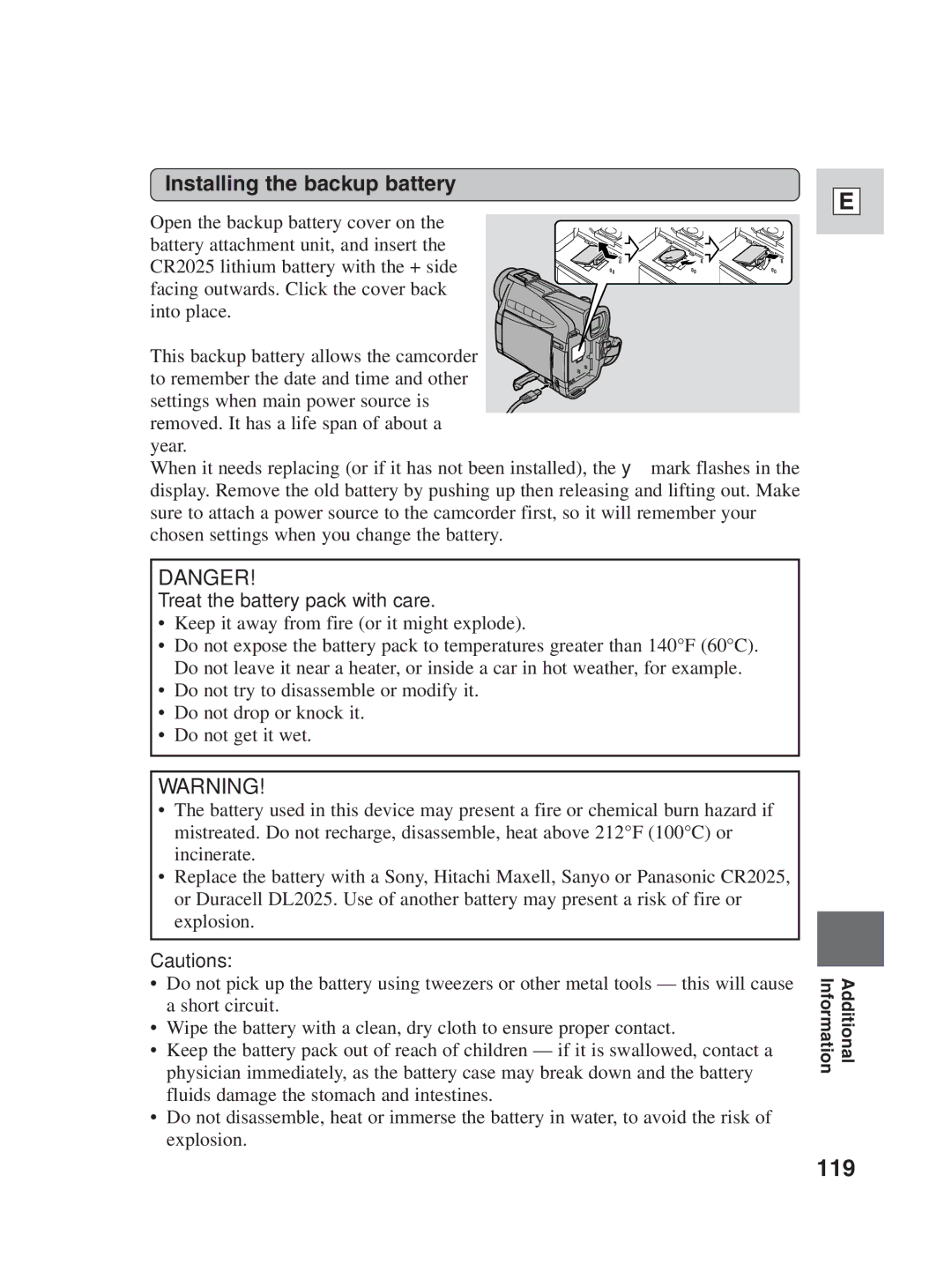 Canon ZR25 MC instruction manual 119, Installing the backup battery, Treat the battery pack with care 