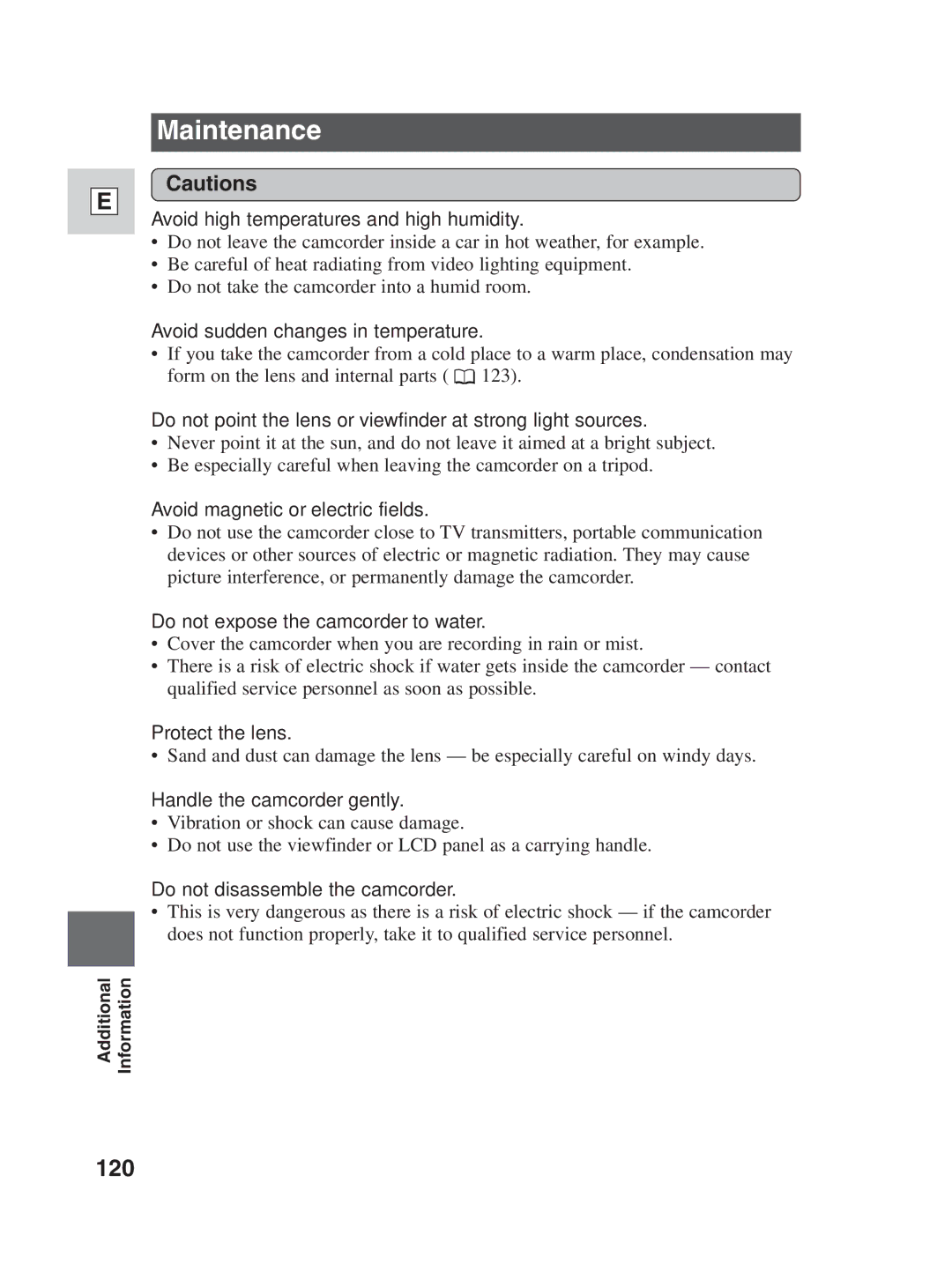 Canon ZR25 MC instruction manual Maintenance, 120 