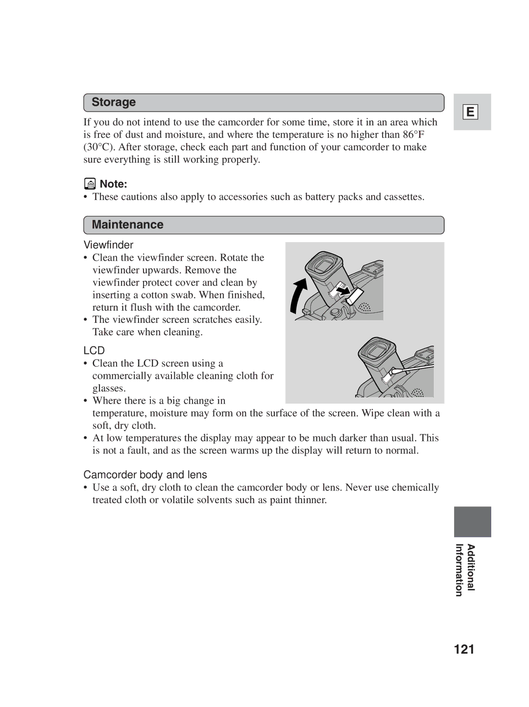 Canon ZR25 MC instruction manual 121, Storage, Maintenance, Viewfinder, Camcorder body and lens 