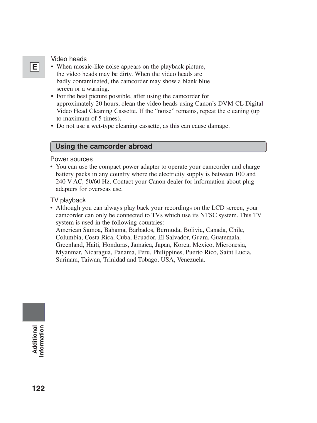 Canon ZR25 MC instruction manual 122, Using the camcorder abroad, Video heads, Power sources, TV playback 