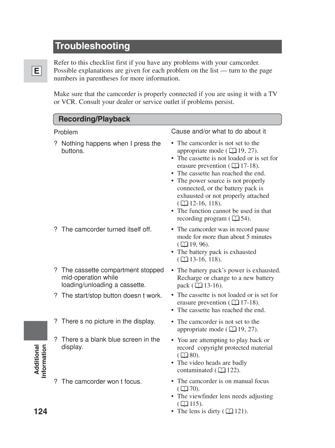 Canon ZR25 MC instruction manual Troubleshooting, 124, Recording/Playback 