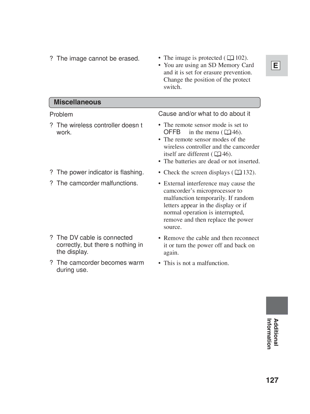 Canon ZR25 MC instruction manual 127, Miscellaneous, ? The image cannot be erased 