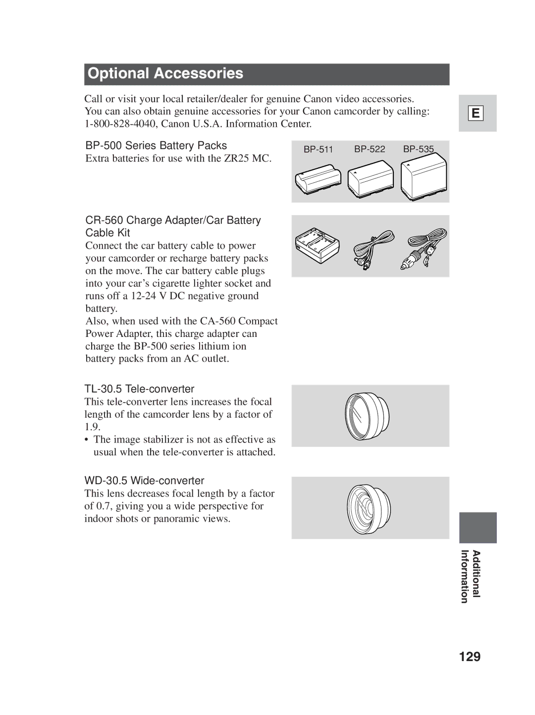 Canon ZR25 MC instruction manual Optional Accessories, 129 