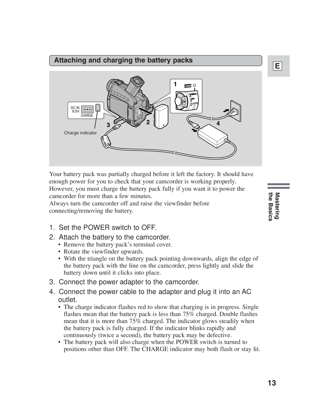 Canon ZR25 MC instruction manual Attaching and charging the battery packs 