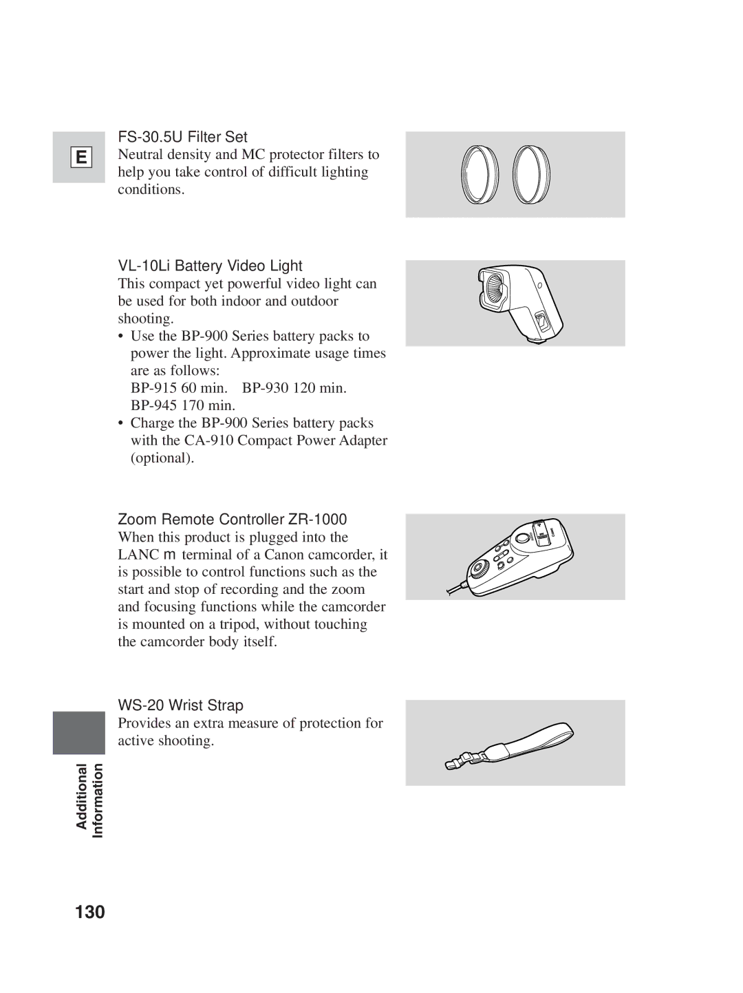 Canon ZR25 MC instruction manual 130, FS-30.5U Filter Set, VL-10Li Battery Video Light 