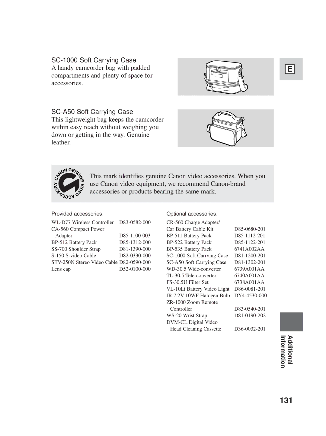 Canon ZR25 MC instruction manual 131, SC-1000 Soft Carrying Case, SC-A50 Soft Carrying Case 