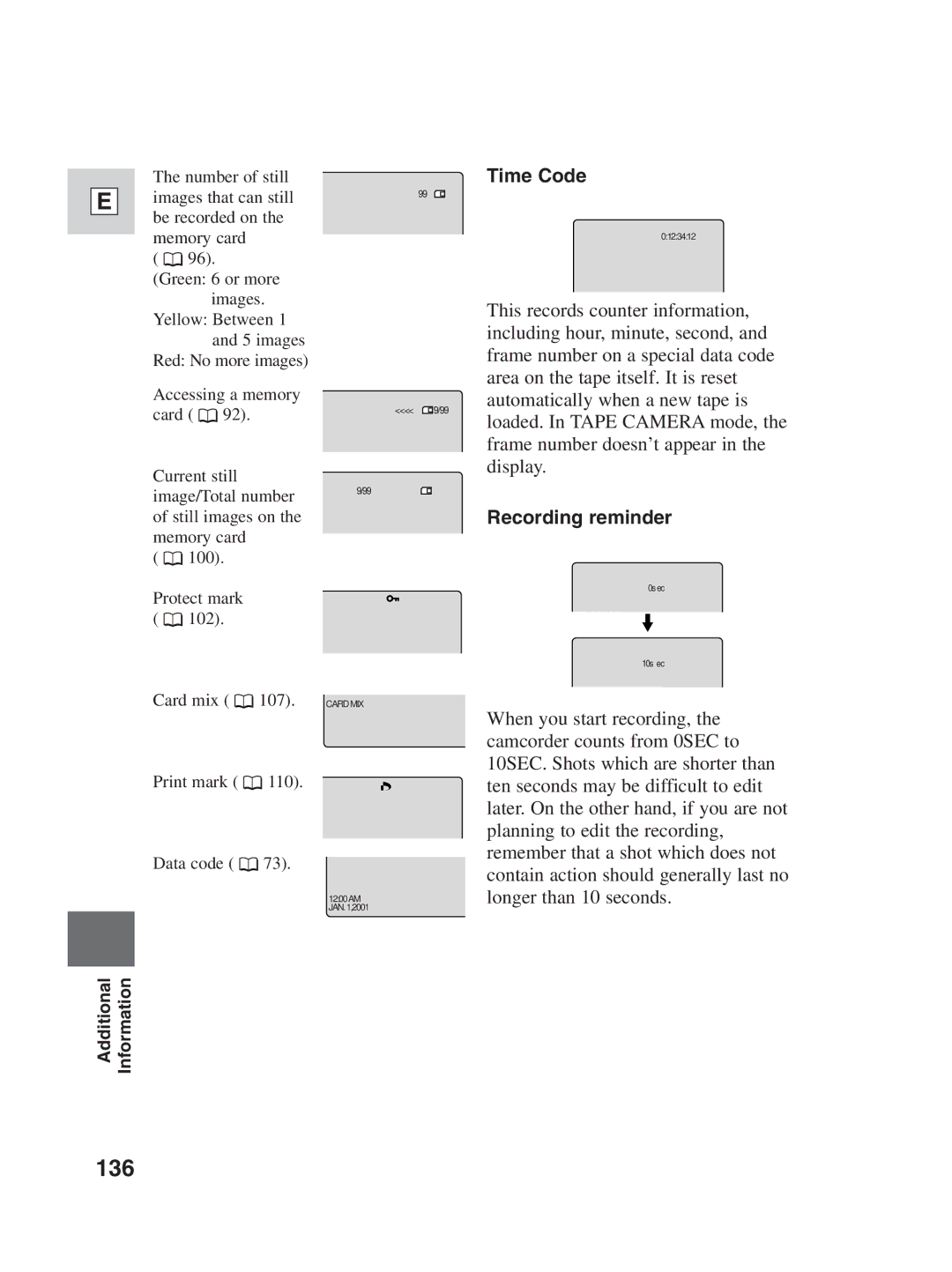 Canon ZR25 MC instruction manual 136, Time Code 