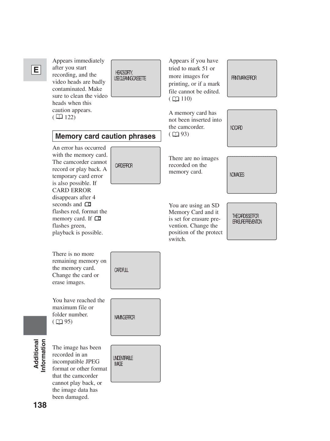 Canon ZR25 MC instruction manual 138, Memory card caution phrases 