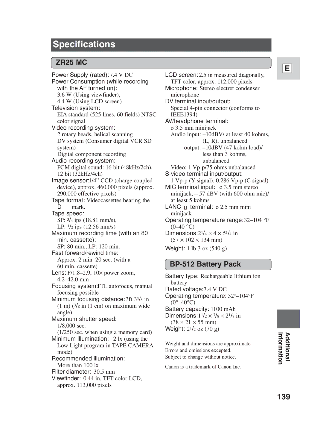 Canon ZR25 MC instruction manual Specifications, 139, BP-512 Battery Pack 