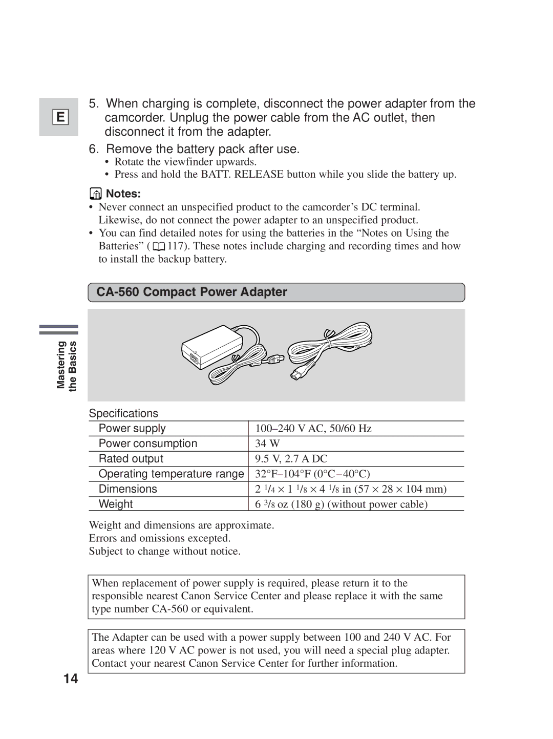 Canon ZR25 MC instruction manual CA-560 Compact Power Adapter 