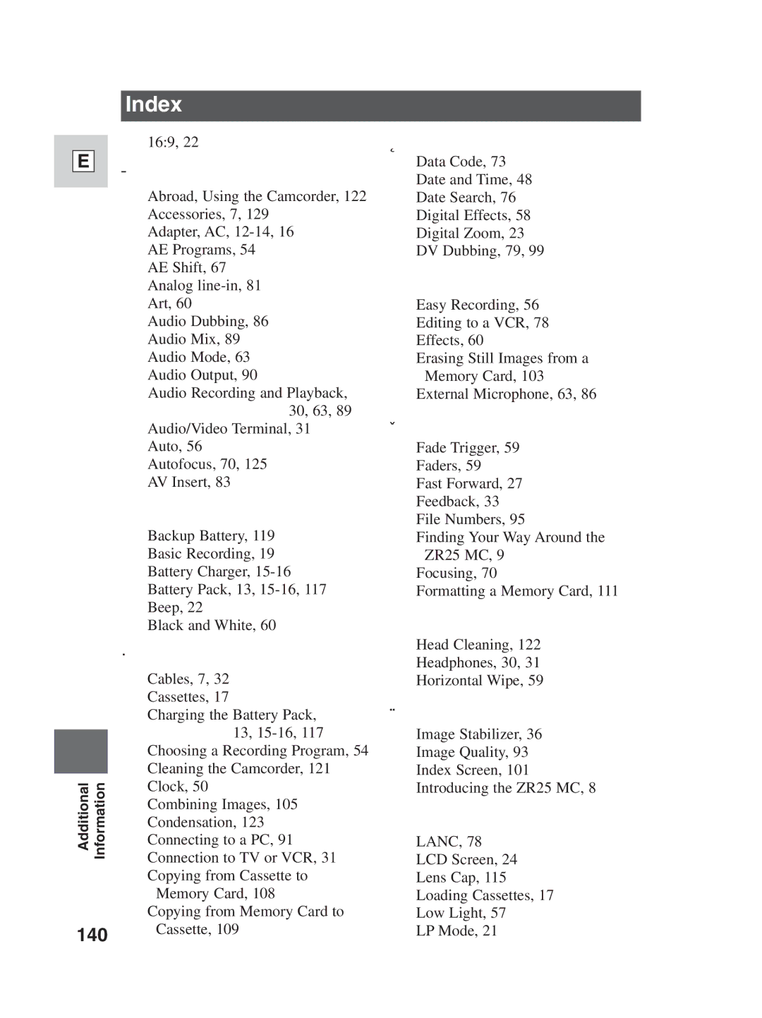 Canon ZR25 MC instruction manual Index, 140 